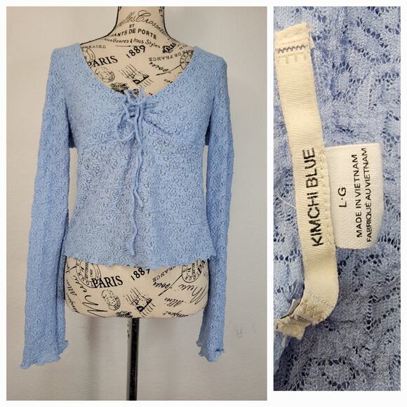 Kimchi Blue Milkmaid Babydoll Top Womens SZ Large Tie Front Dusty Blue Bohemian - Picture 1 of 9